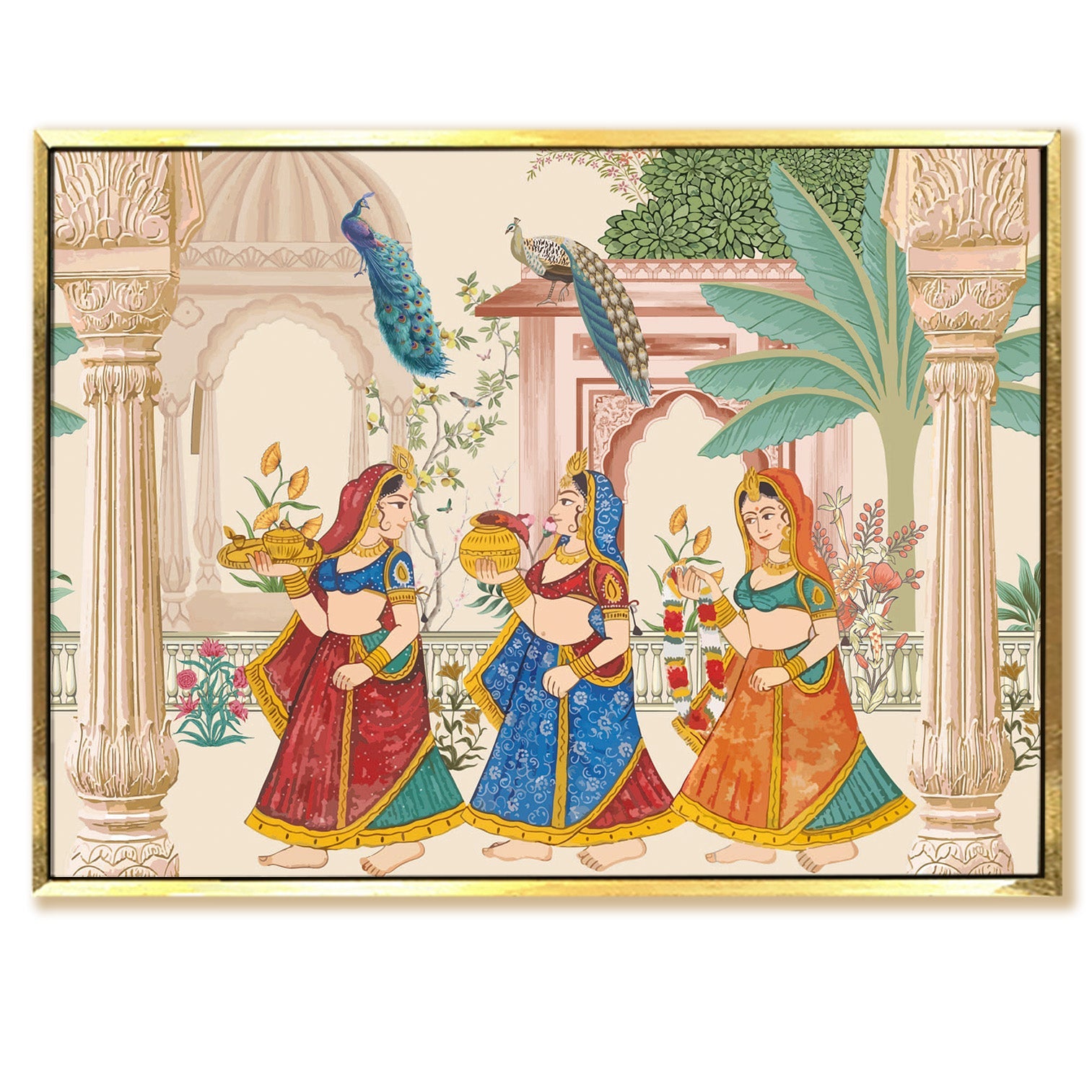 Mughal Garden Peacock Artwork Abstract Canvas Framed Painting Indian Ethnic Traditional Wall Art Large Size For Living Room Bedroom Office Restaurant Caffe Home Decor