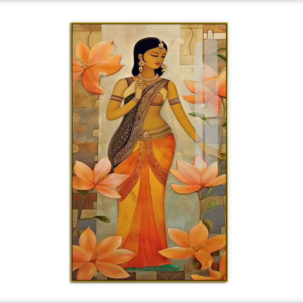 Traditional Indian Woman with Orange Lotus Acrylic Wall Paintings