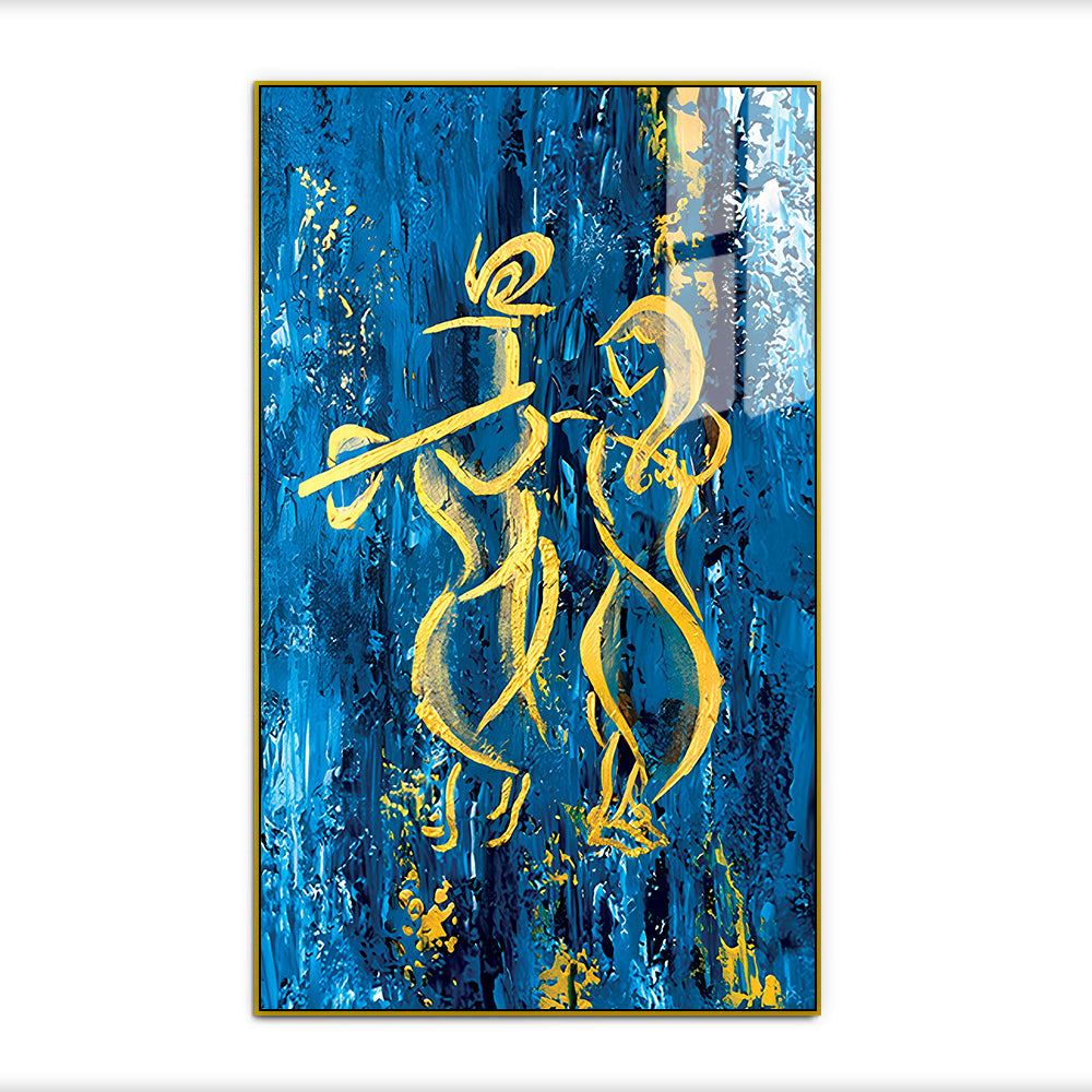 Abstract Radha Krishna Wall Art – Golden Brushstroke Canvas on Blue Textured Background