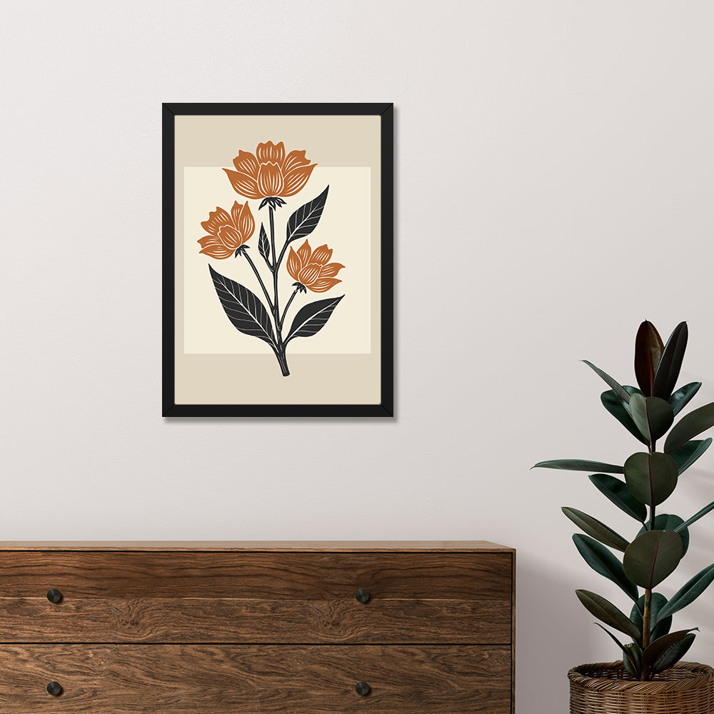 Orange Abstract Botanical Floral Wall Art Painting with Black Frame