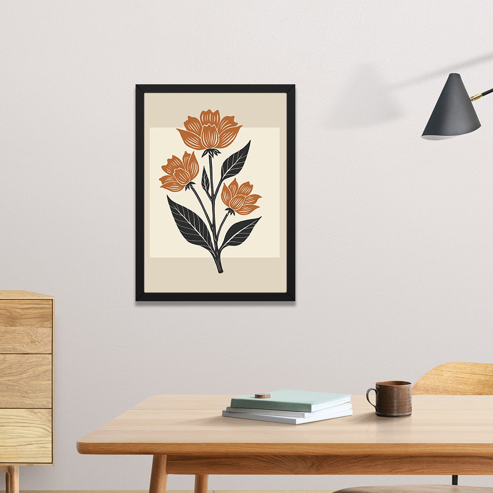 Orange Abstract Botanical Floral Wall Art Painting with Black Frame