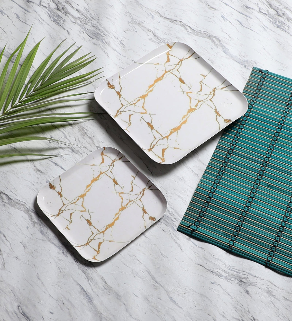 White & Gold Square Metal Platter Set of 2
