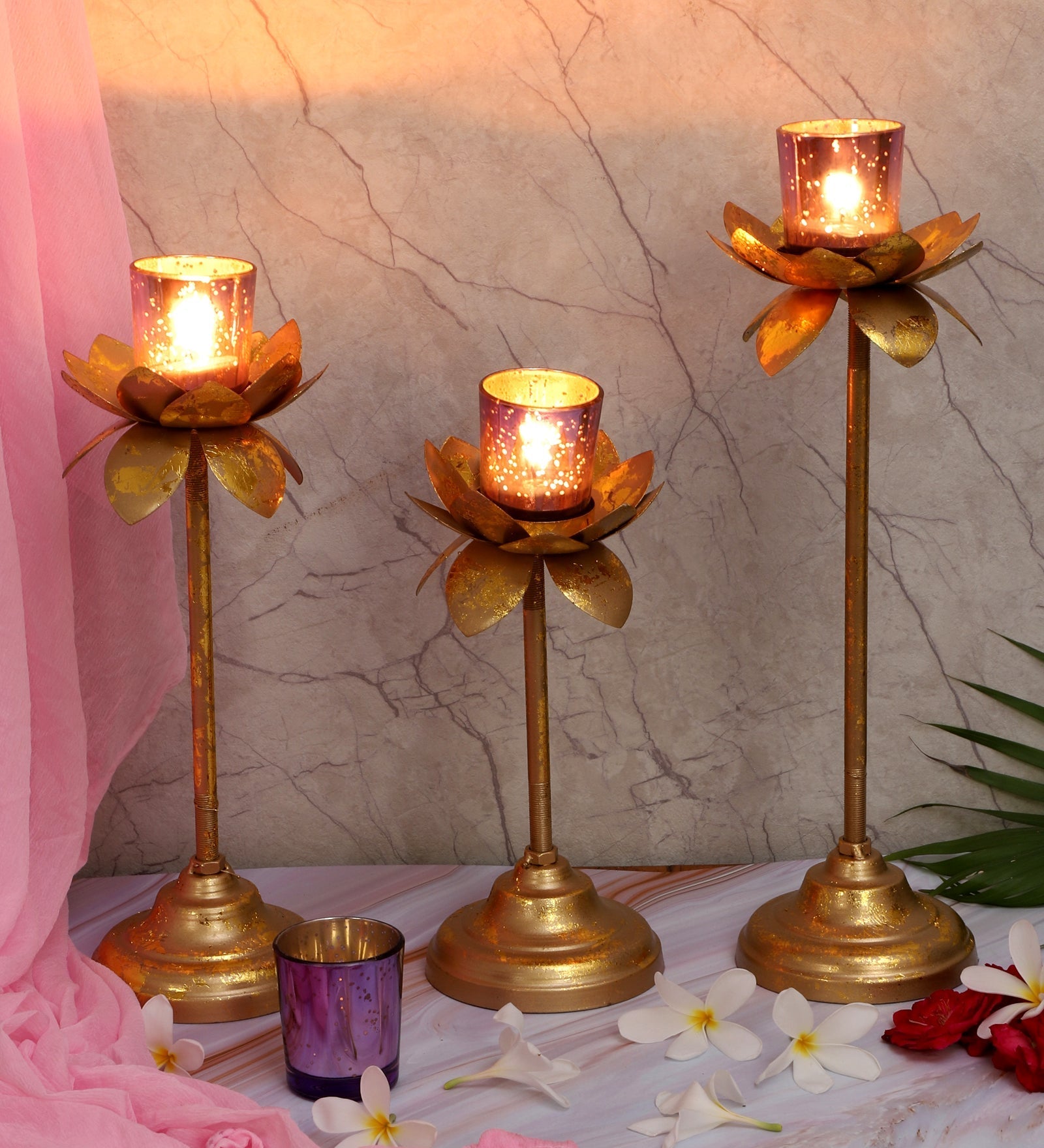 Three Layer Lotus With 4 Purple Glass Votive
