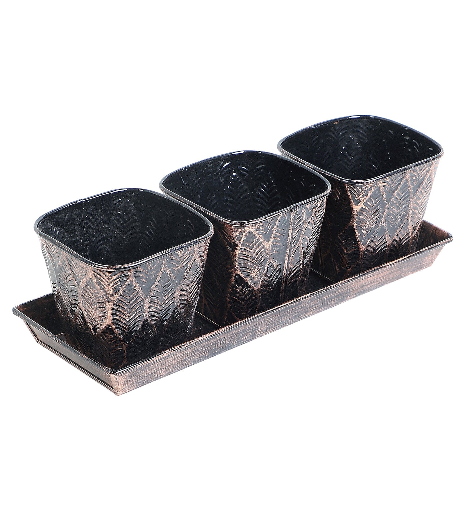 Copper & Black Metal Table Planters with Tray Set of 4