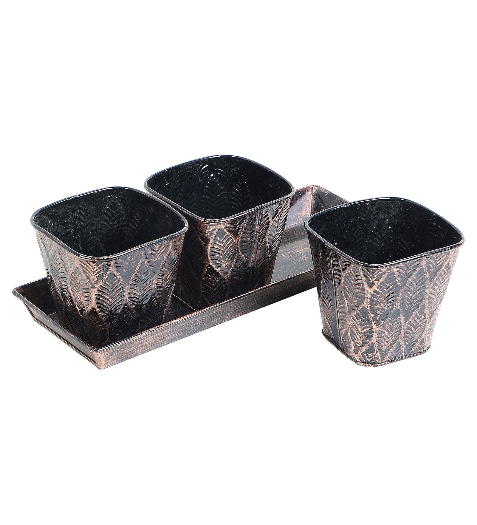 Copper & Black Metal Table Planters with Tray Set of 4