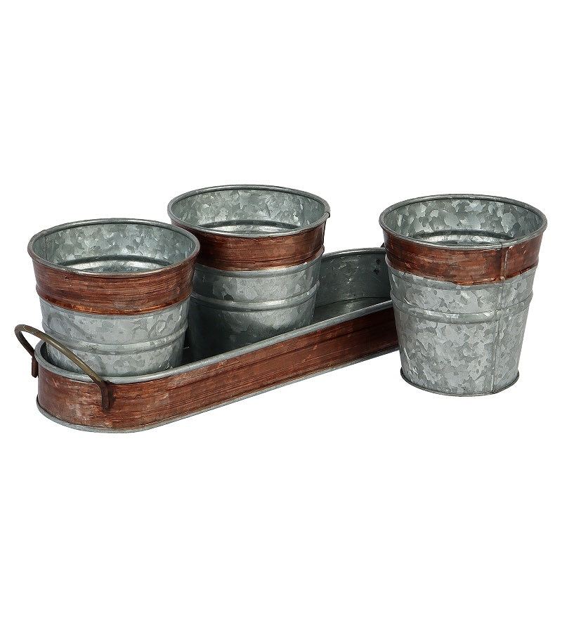 Brown & Silver Metal Table Planters with Tray Set of 4