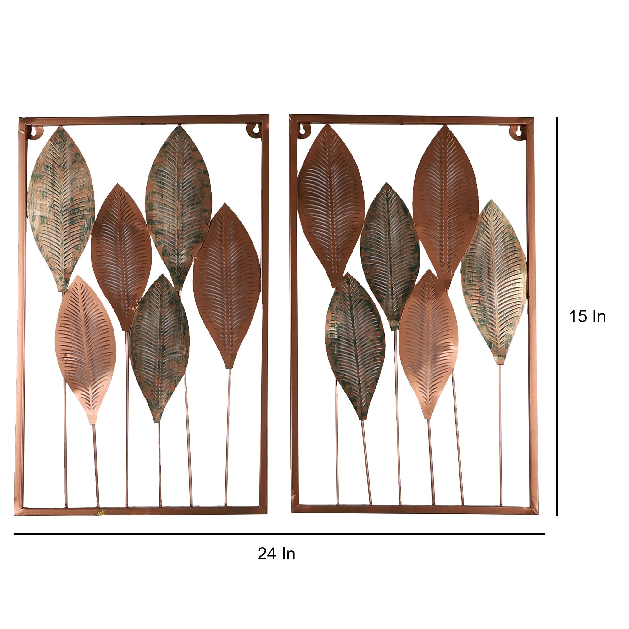Rectangular Copper & Green Etching Leaves Wall Decor Set of 2