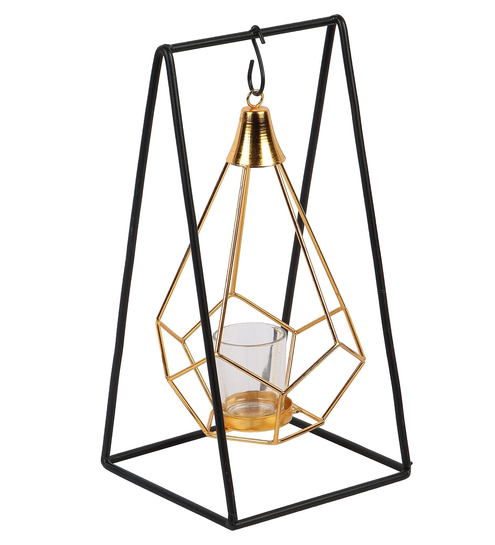 Gold & Black Triangle Diamond Pendulam Tealight Holder with Glass