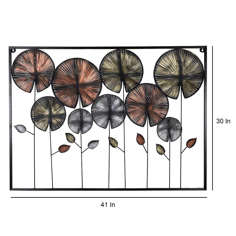 Rectangular Black , Gold & Silver Round Leaves Etching Wall Decor