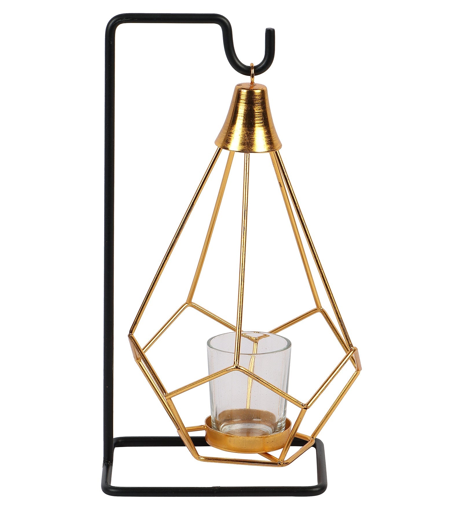 Gold & Black Diamond Pendulam Tealight Holder with Glass