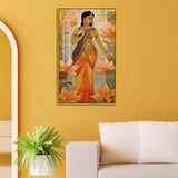 Traditional Indian Woman with Orange Lotus Acrylic Wall Paintings