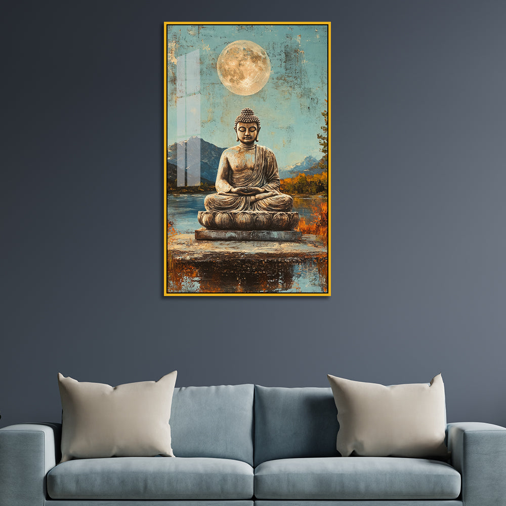 Buddha Statue with Moon and Mountain Landscape Acrylic Wall Paintings