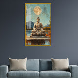 Buddha Statue with Moon and Mountain Landscape Acrylic Wall Paintings