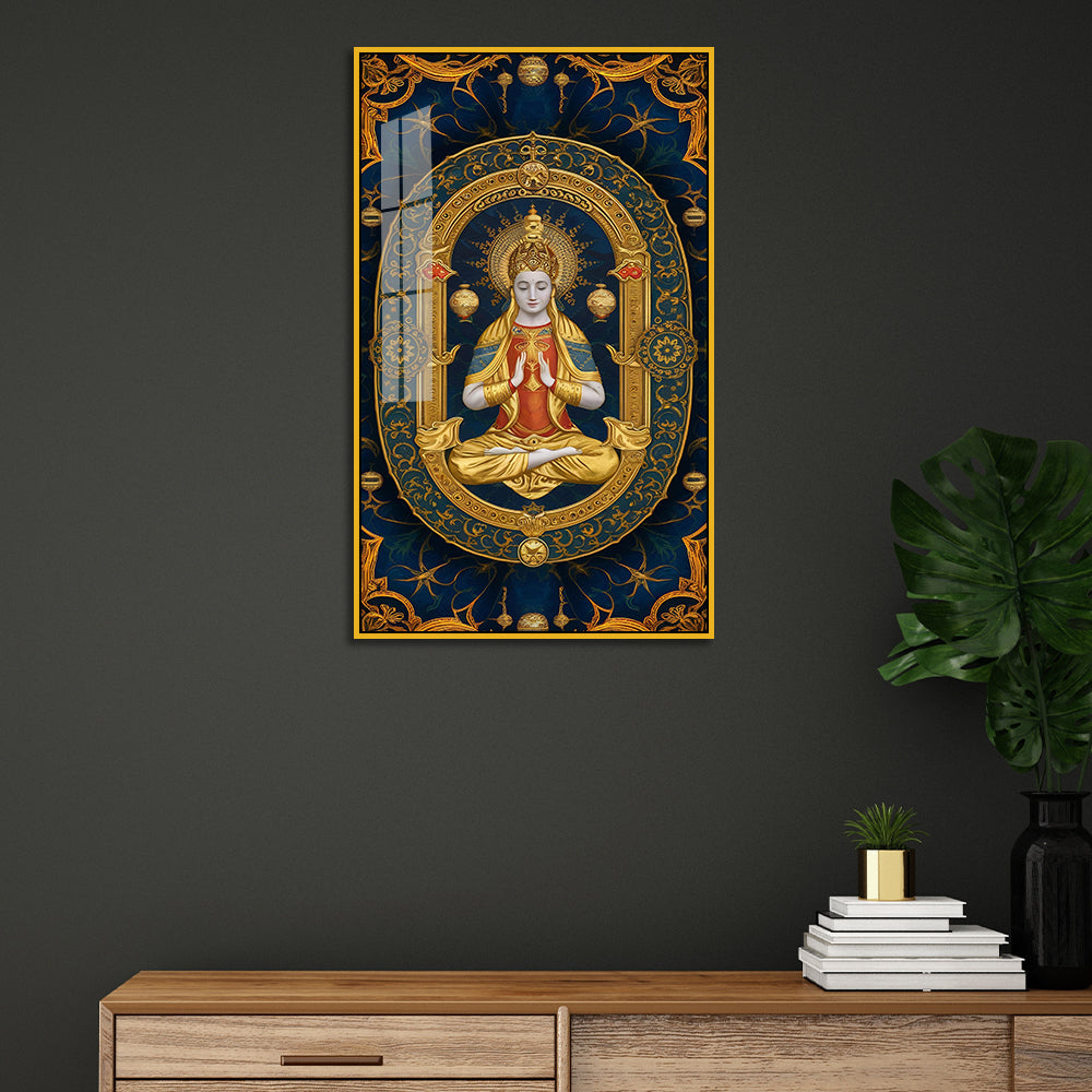 Golden Framed Buddha Acrylic Wall Paintings in Ornate Blue Mandala