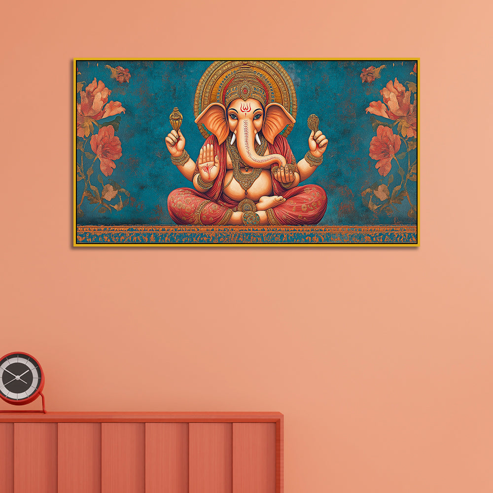 Vintage Ganesha Canvas Painting for Living Room & Temple Space