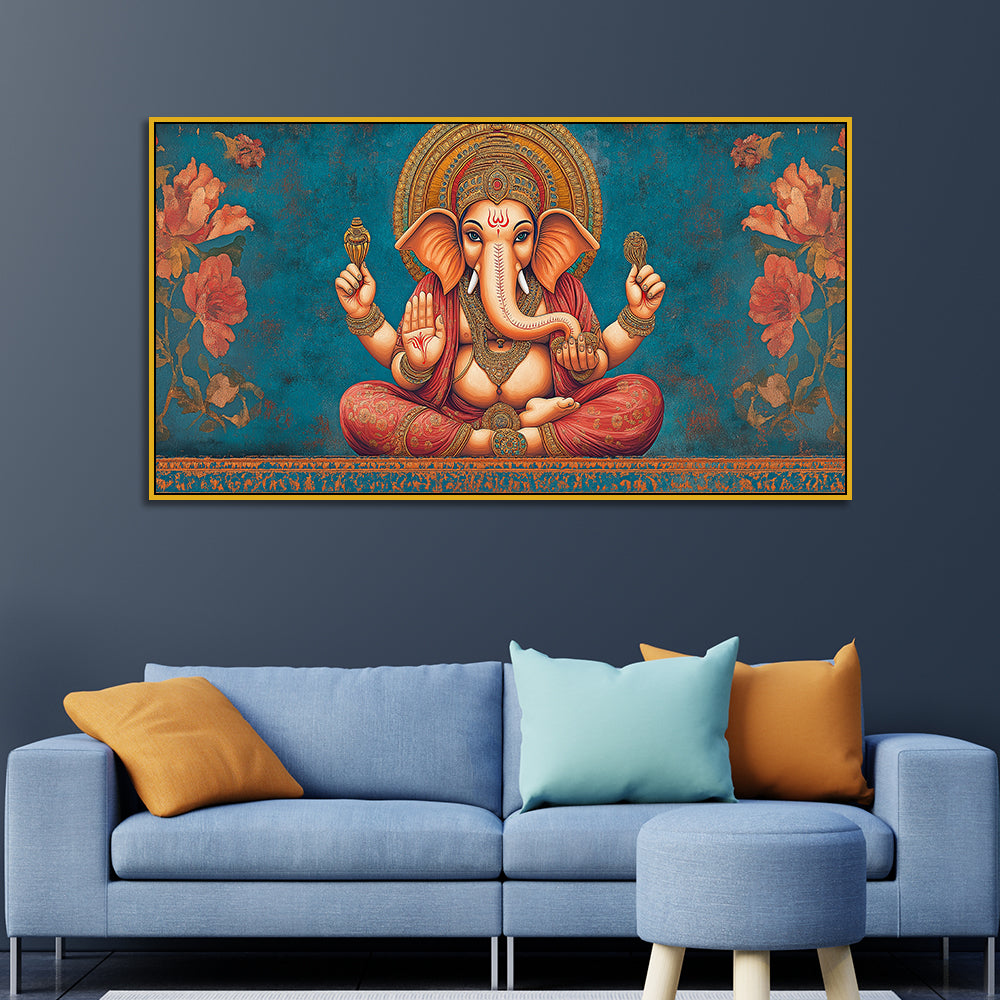 Vintage Ganesha Canvas Painting for Living Room & Temple Space