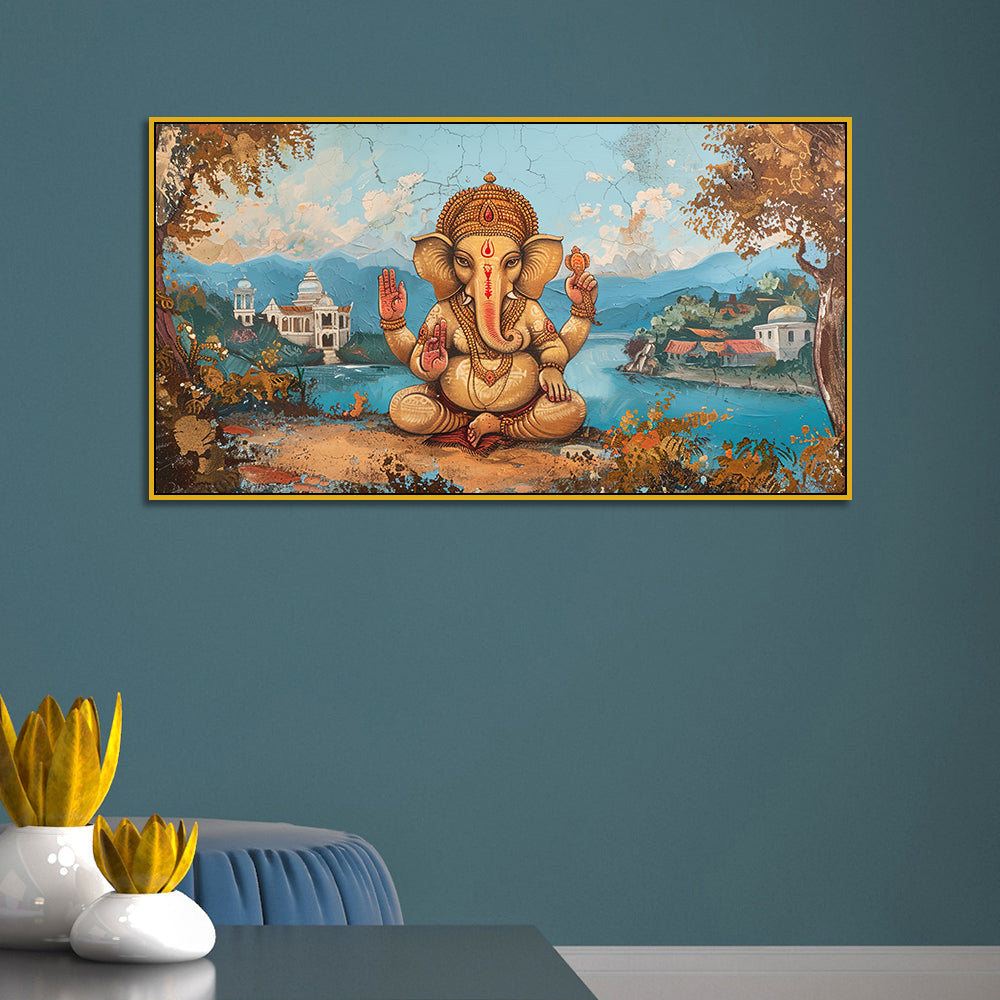 Indian God Ganesha in Vintage Style – Framed Wall Canvas
