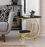 Black Marble Side Table with Gold Ring and Shelf