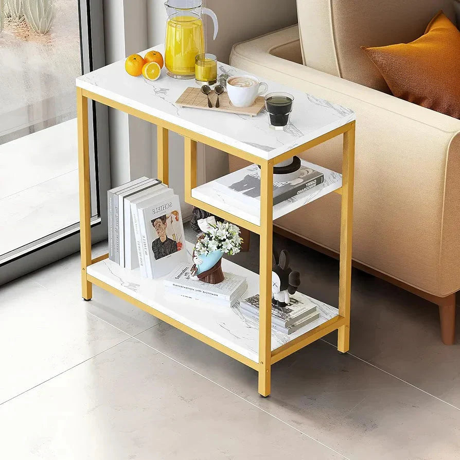 Rectangular Marble Side Table with Shelves and Gold Frame