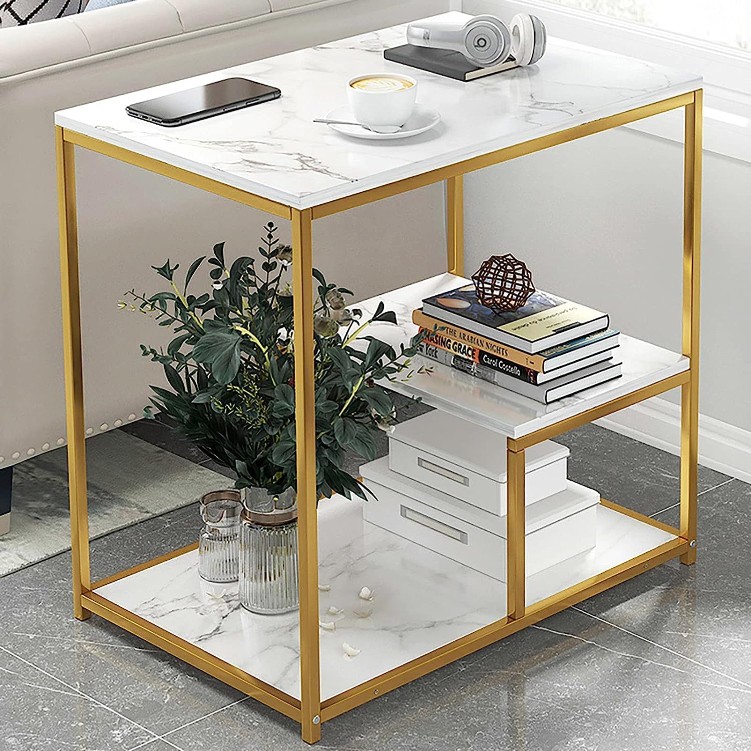 Rectangular Marble Side Table with Shelves and Gold Frame
