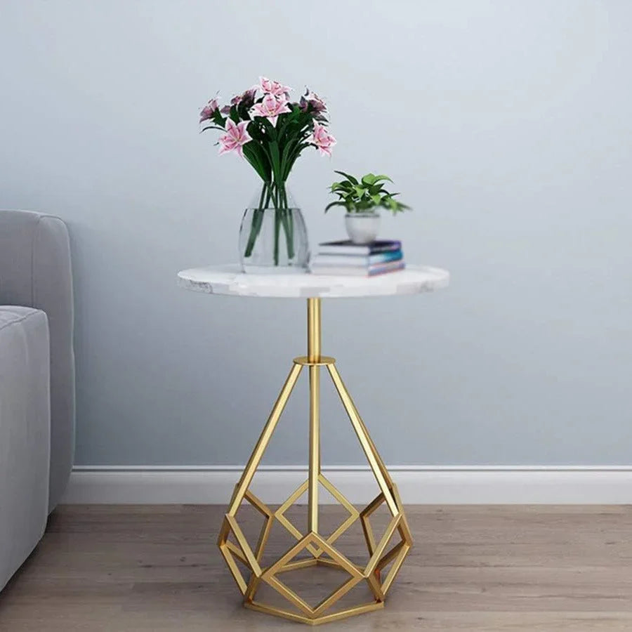 White Marble End Side Table with Hexagon Gold Stand