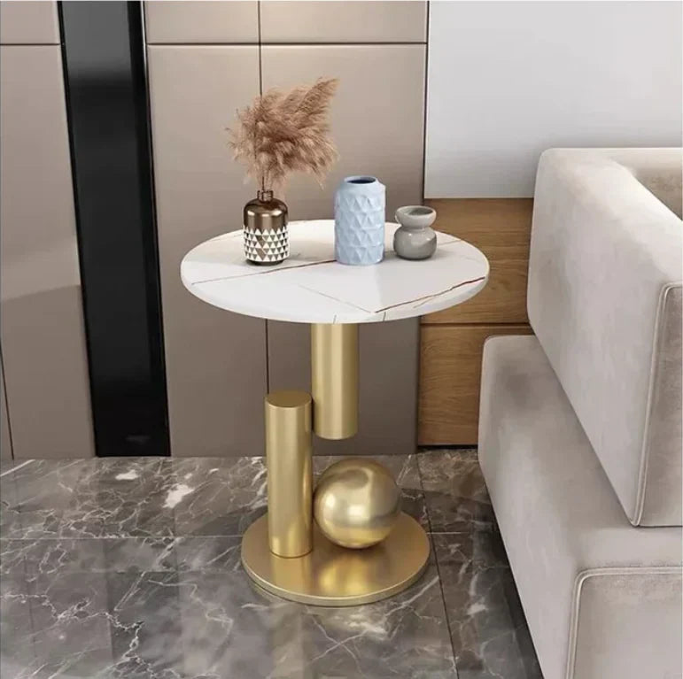 Small Round Marble Accent Side Table with Gold Base