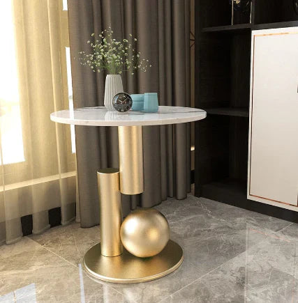 Small Round Marble Accent Side Table with Gold Base