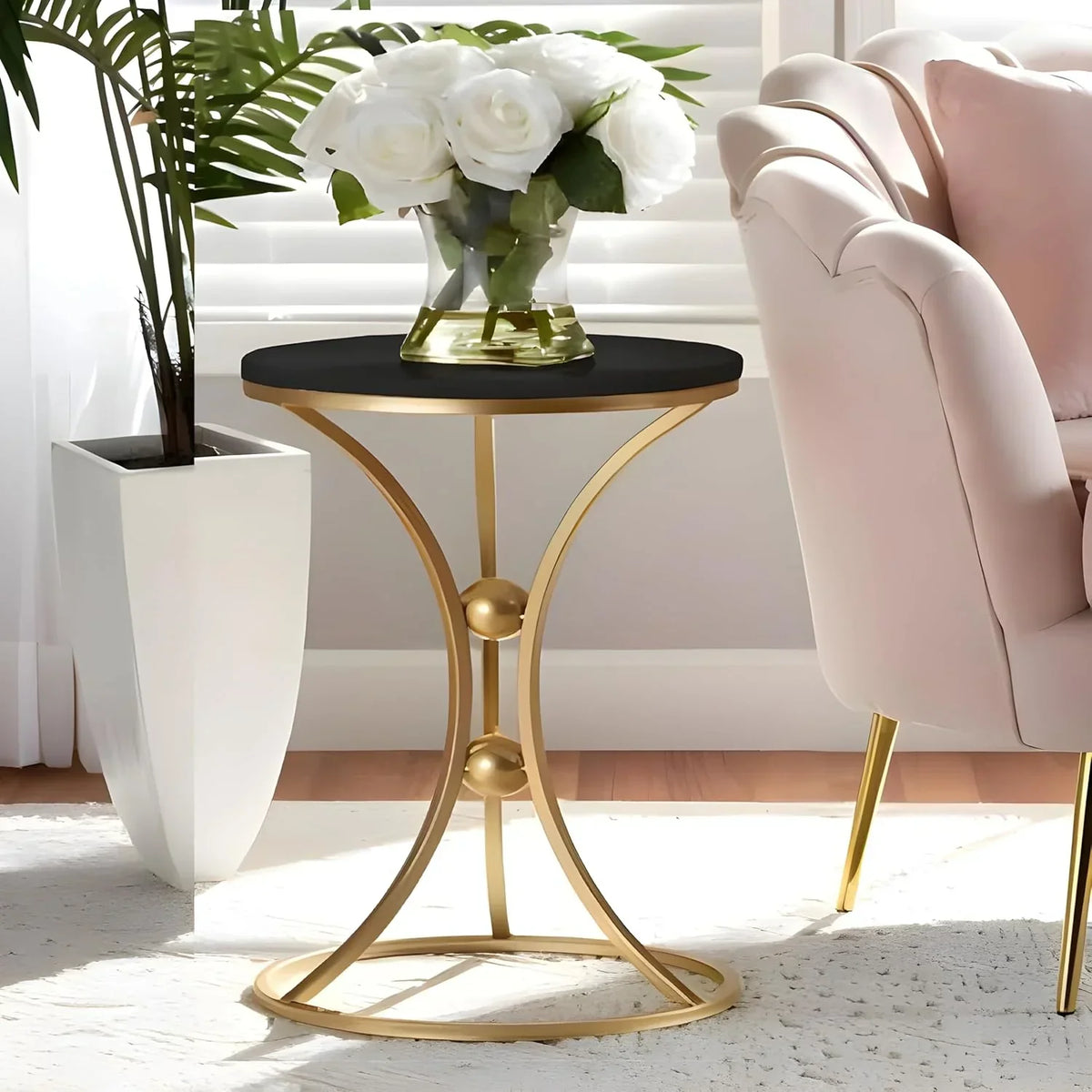 Modern Black Accent Side Table with Gold Ring Base