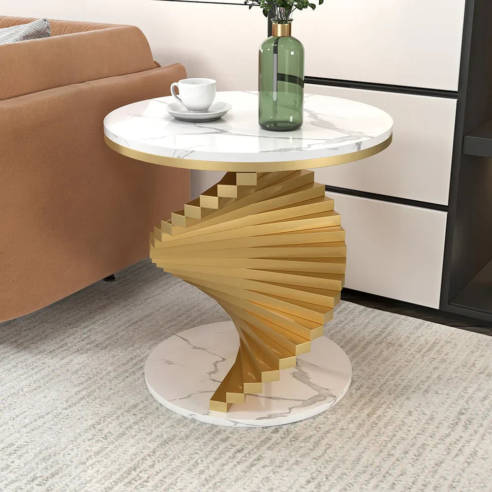 Twisted Gold Pedestal Side Table with White Marble Top