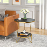 Modern Round Black Marble Side Table with Shelf