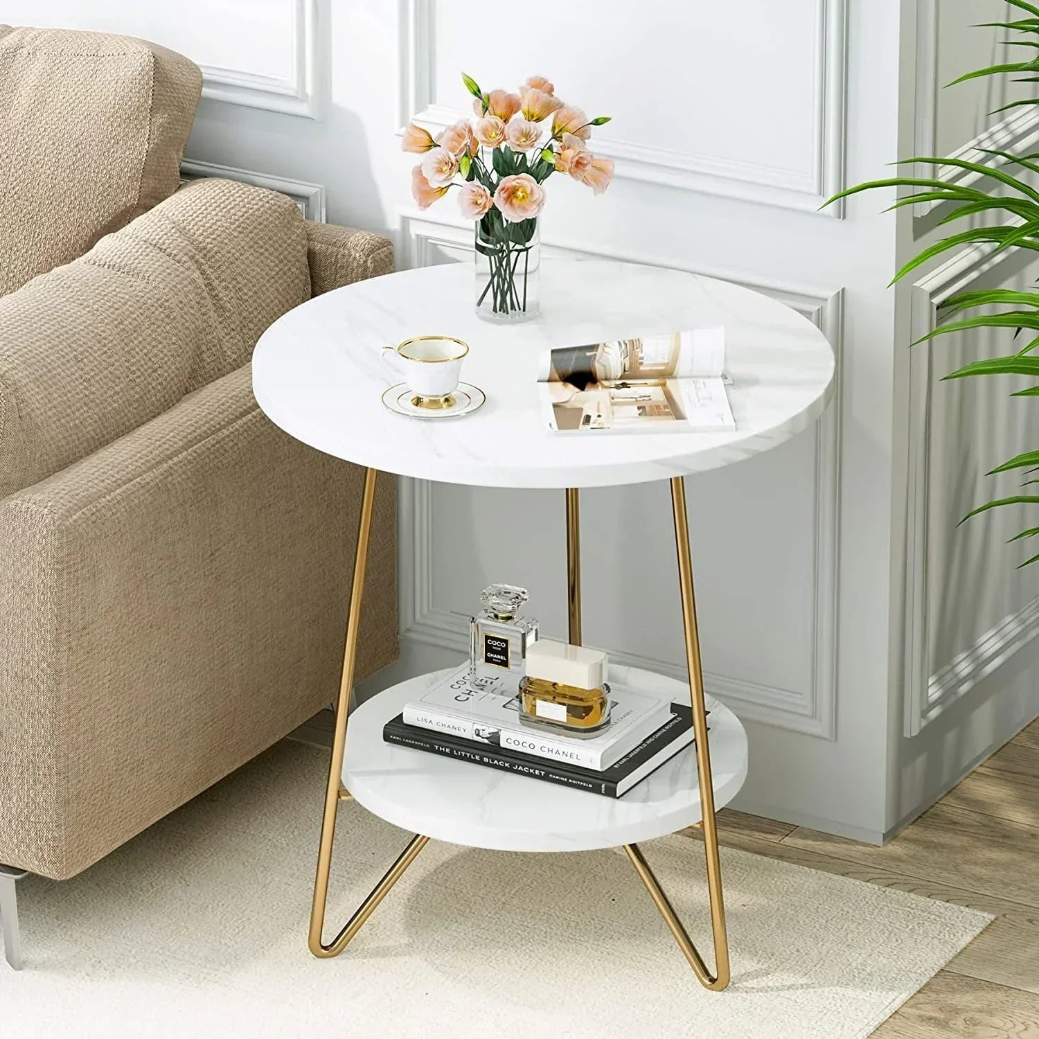White Marble End Side Table with Lower Shelf