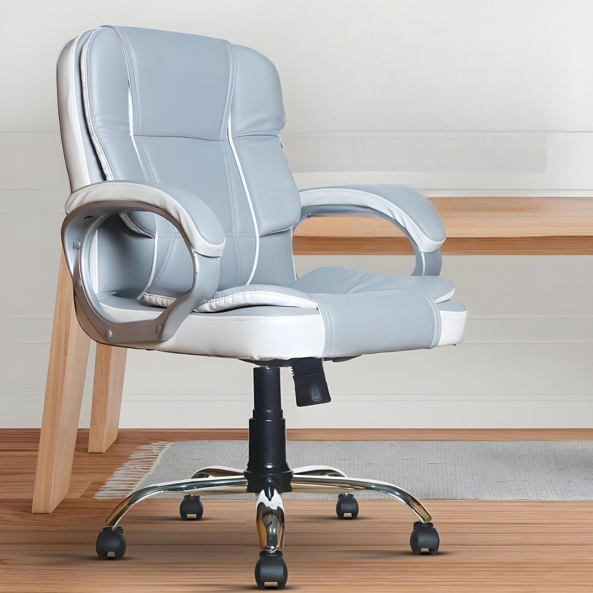 Grey & White Leatherette Swivel Office Revolving Chair | Heavy Tilting Mechanism & Strong Chrome Base
