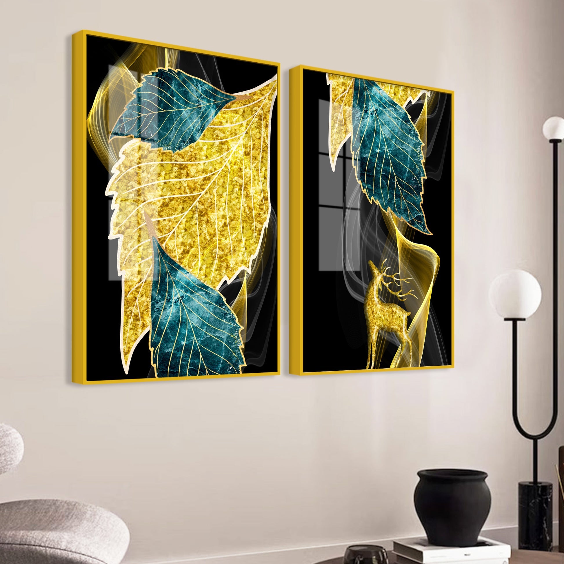 Abstract Golden Leaves Feathers Acrylic Floating Wall Painting Set of 2