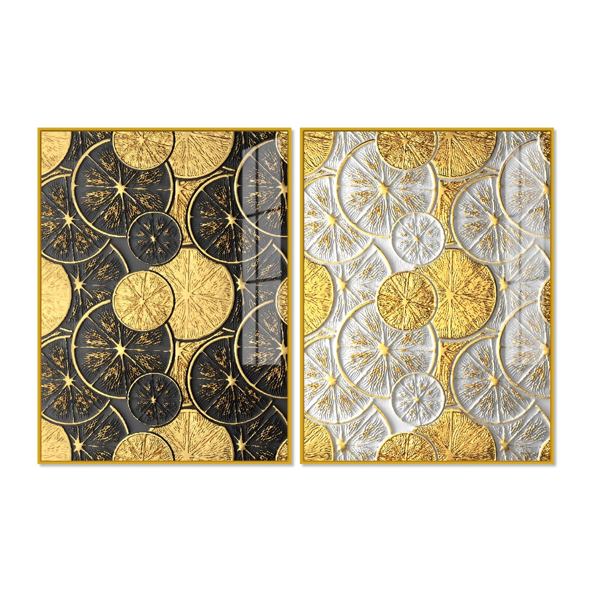Abstract Golden Shapes Art Acrylic Floating Wall Painting Set of 2