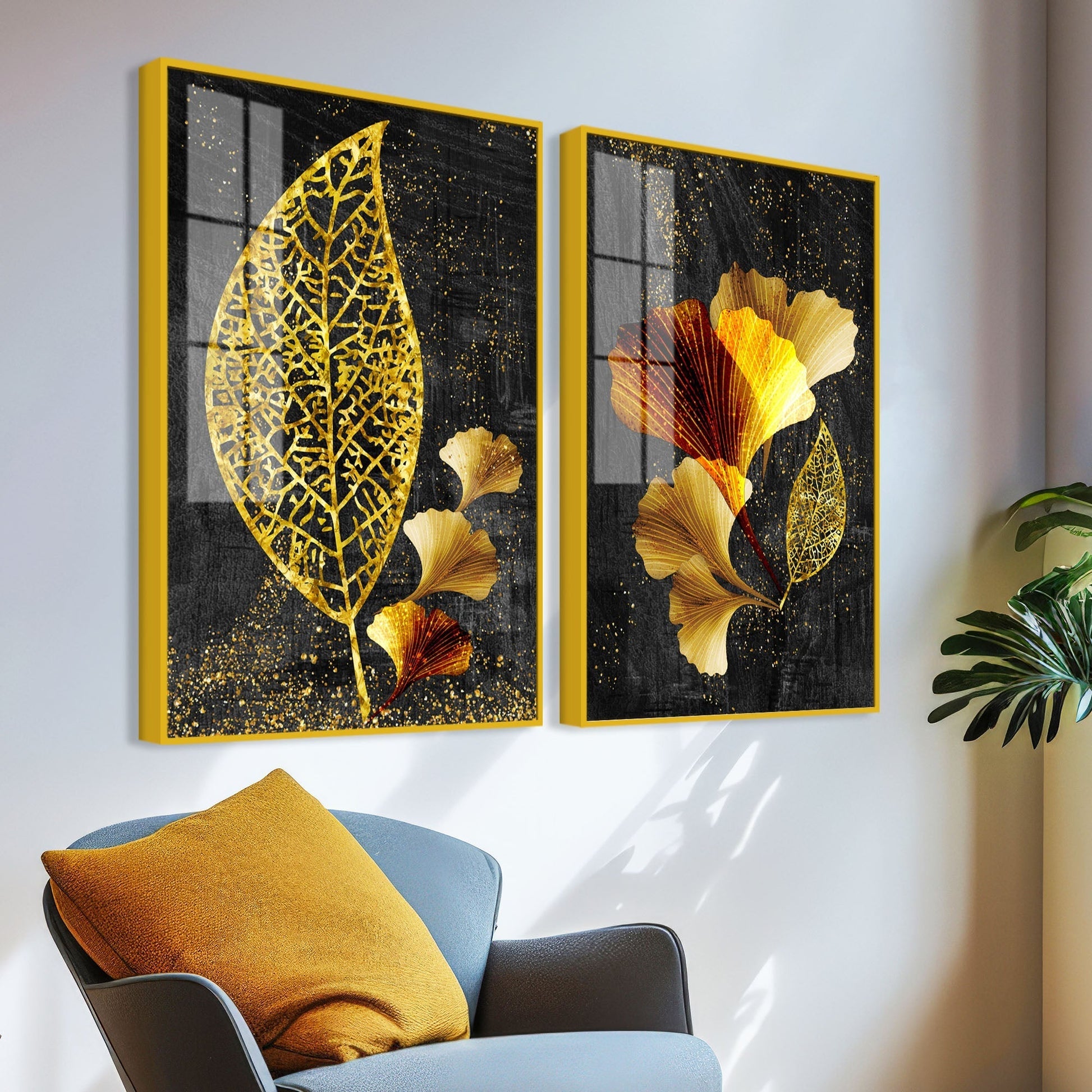 Abstract Golden Shiny Ginkgo Leaf Acrylic Floating Wall Painting Set of 2