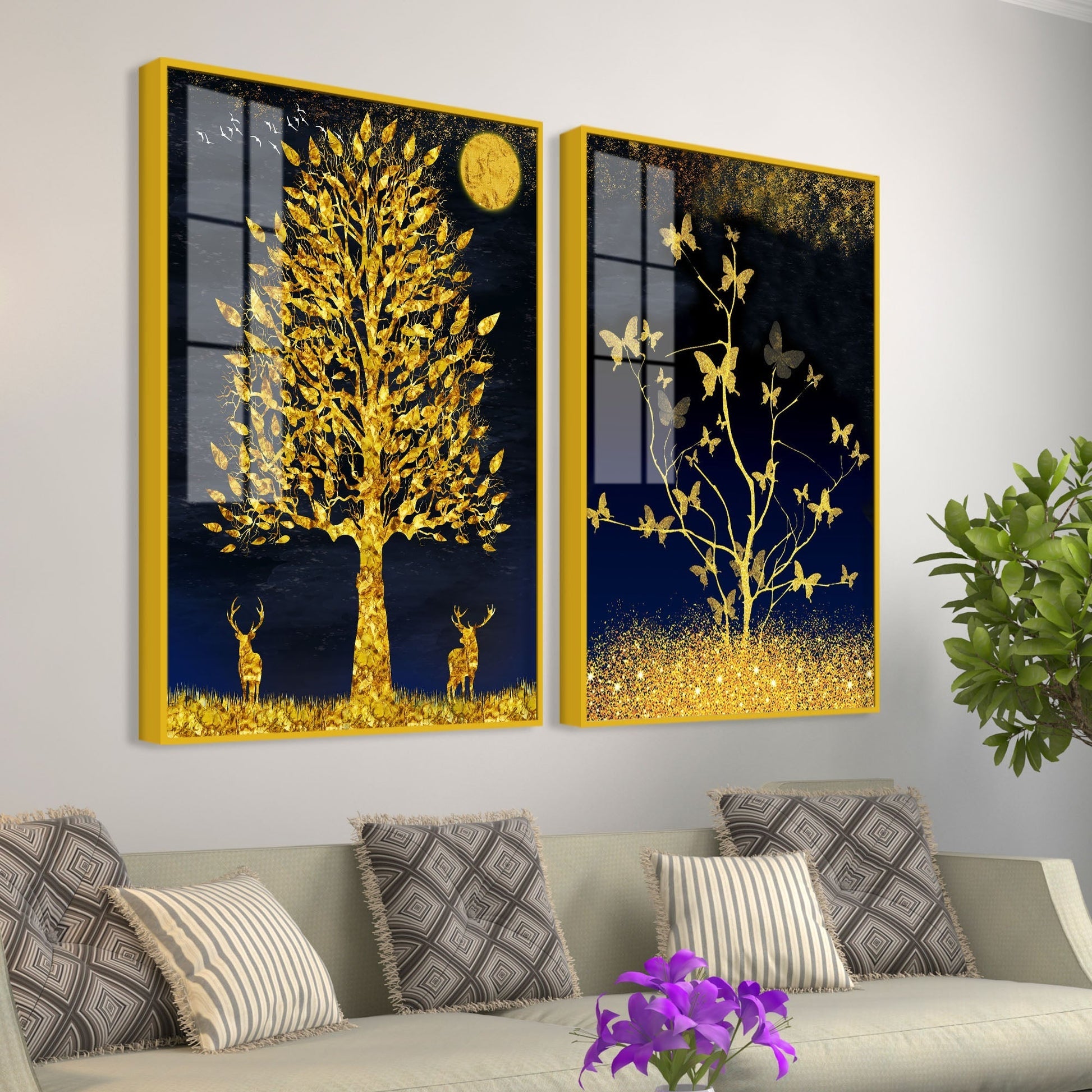 Abstract Golden Shiny Leaves Acrylic Floating Wall Painting Set of 2