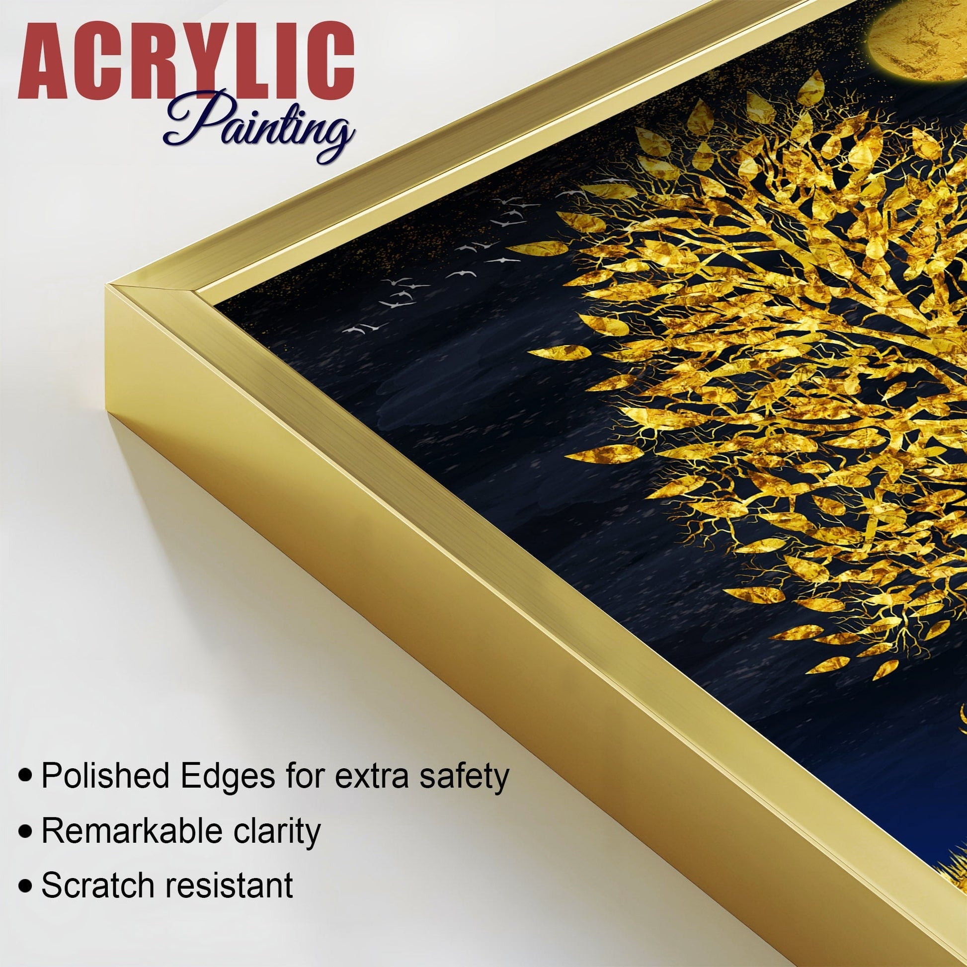 Abstract Golden Shiny Leaves Acrylic Floating Wall Painting Set of 2