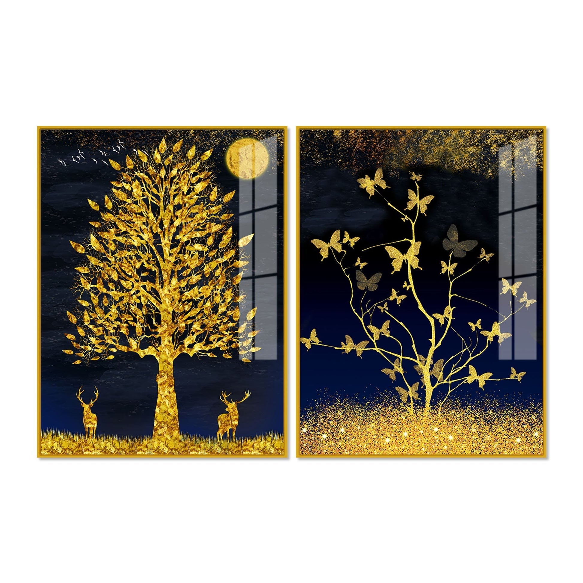 Abstract Golden Shiny Leaves Acrylic Floating Wall Painting Set of 2