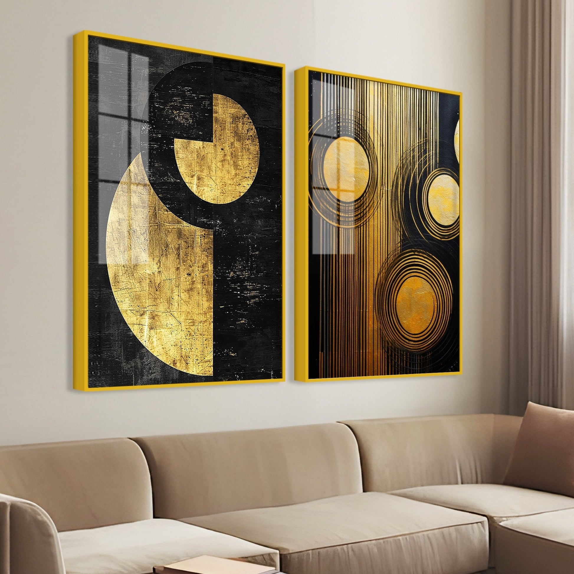 Abstract Golden Textured Line Art Acrylic Floating Wall Painting Set of 2