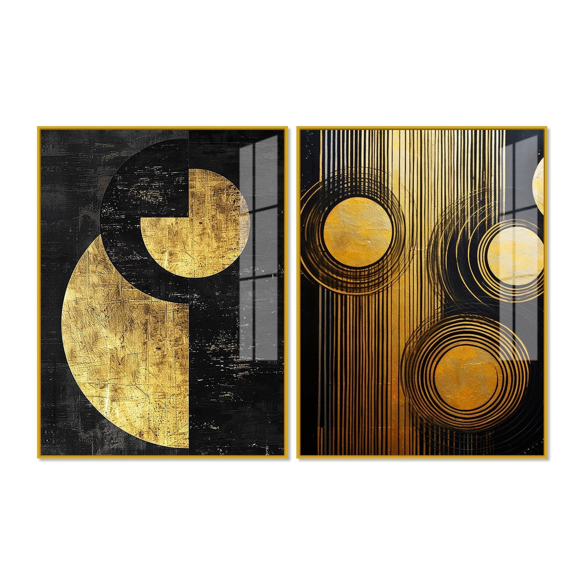 Abstract Golden Textured Line Art Acrylic Floating Wall Painting Set of 2