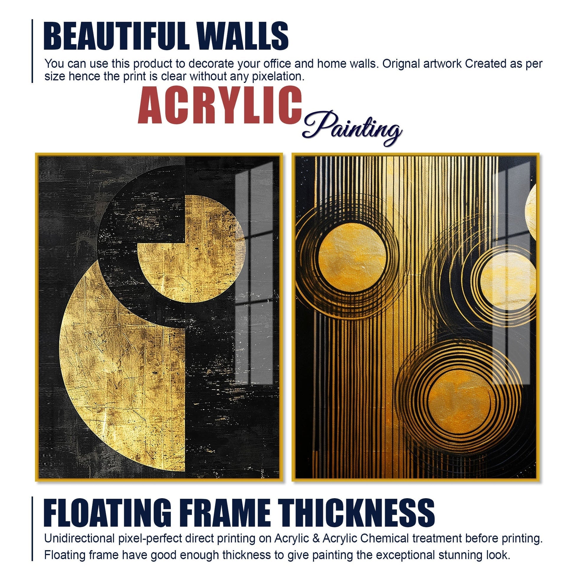 Abstract Golden Textured Line Art Acrylic Floating Wall Painting Set of 2