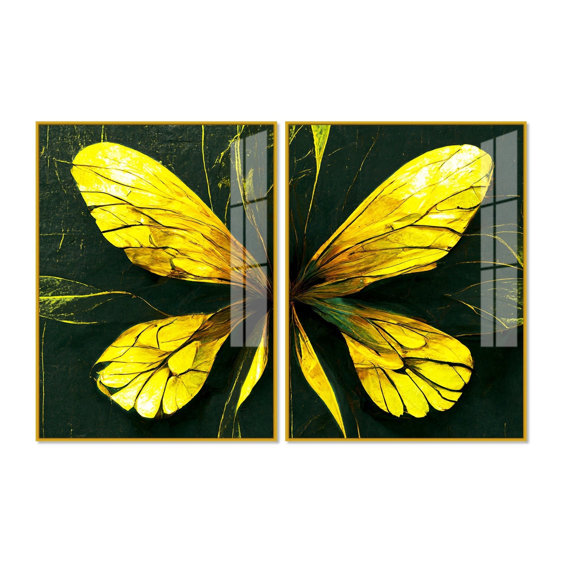 Beautiful Design of Golden Wings Art Acrylic Floating Wall Painting Set of 2