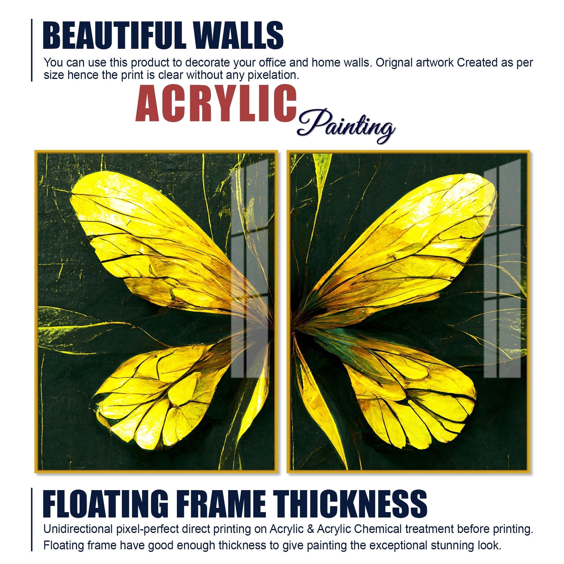 Beautiful Design of Golden Wings Art Acrylic Floating Wall Painting Set of 2