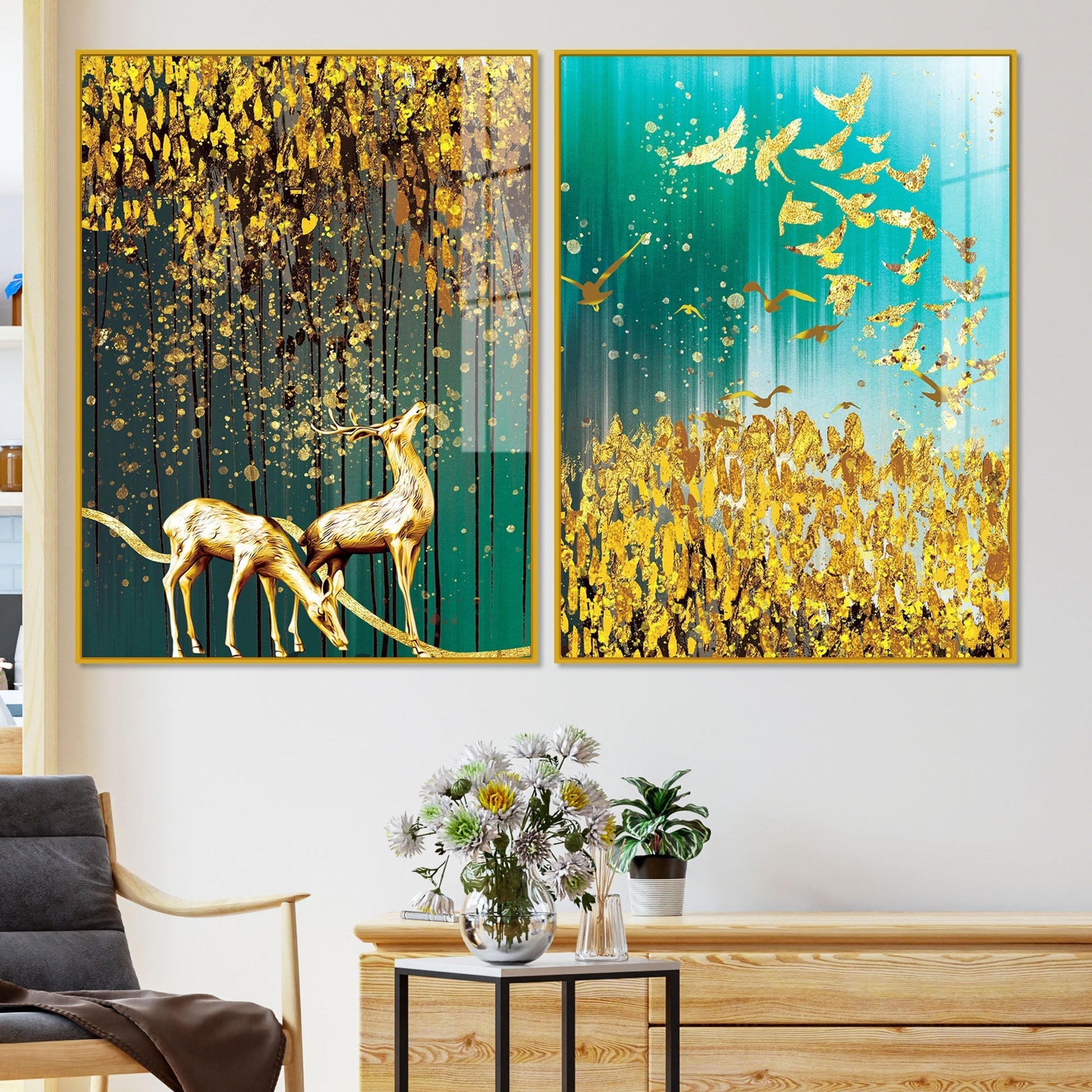 Beautiful Golden Birds and Deer Acrylic Floating Wall Painting Set of 2