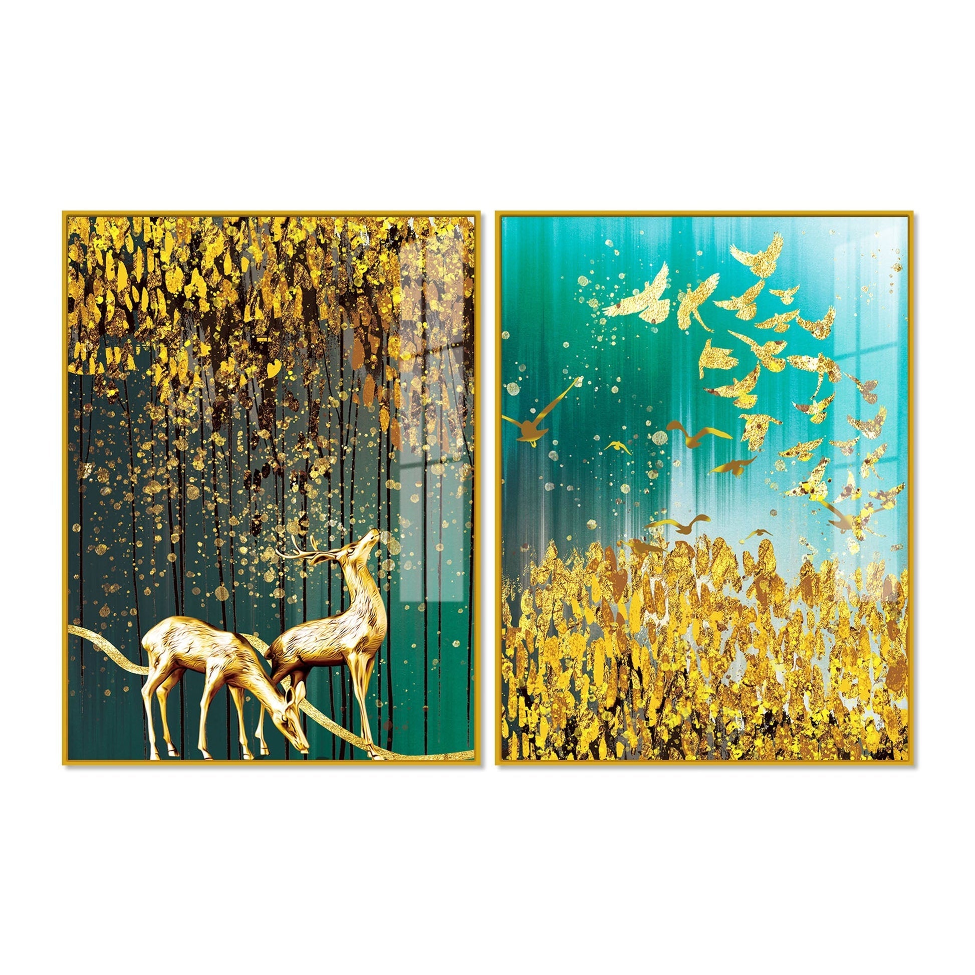 Beautiful Golden Birds and Deer Acrylic Floating Wall Painting Set of 2