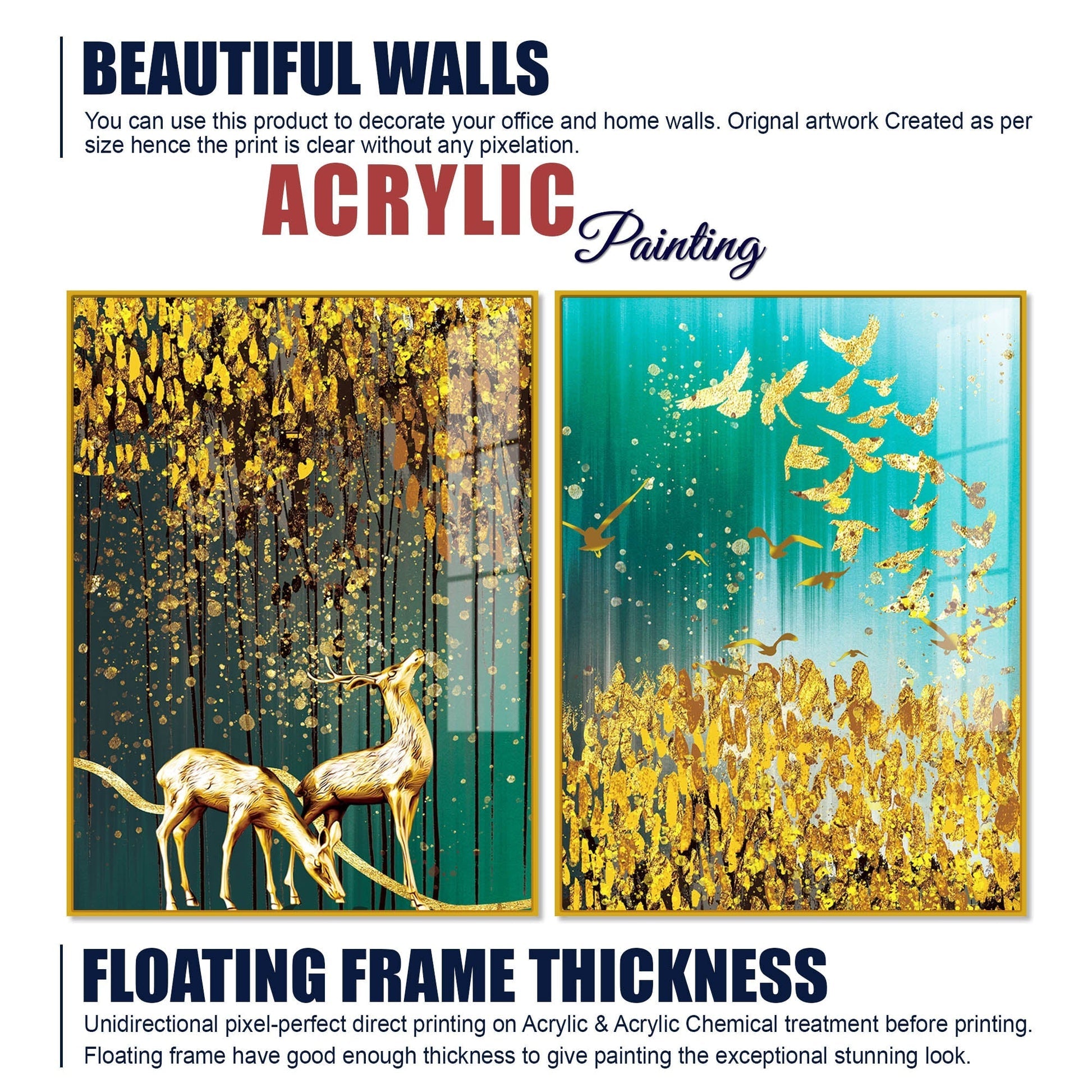 Beautiful Golden Birds and Deer Acrylic Floating Wall Painting Set of 2