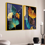 Beautiful Golden Leaves Acrylic Floating Wall Painting Set of 2