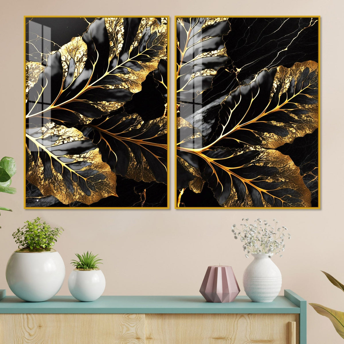 Beautiful Leaf Golden Textural Art Acrylic Floating Wall Painting Set of 2