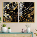 Beautiful Leaf Golden Textural Art Acrylic Floating Wall Painting Set of 2
