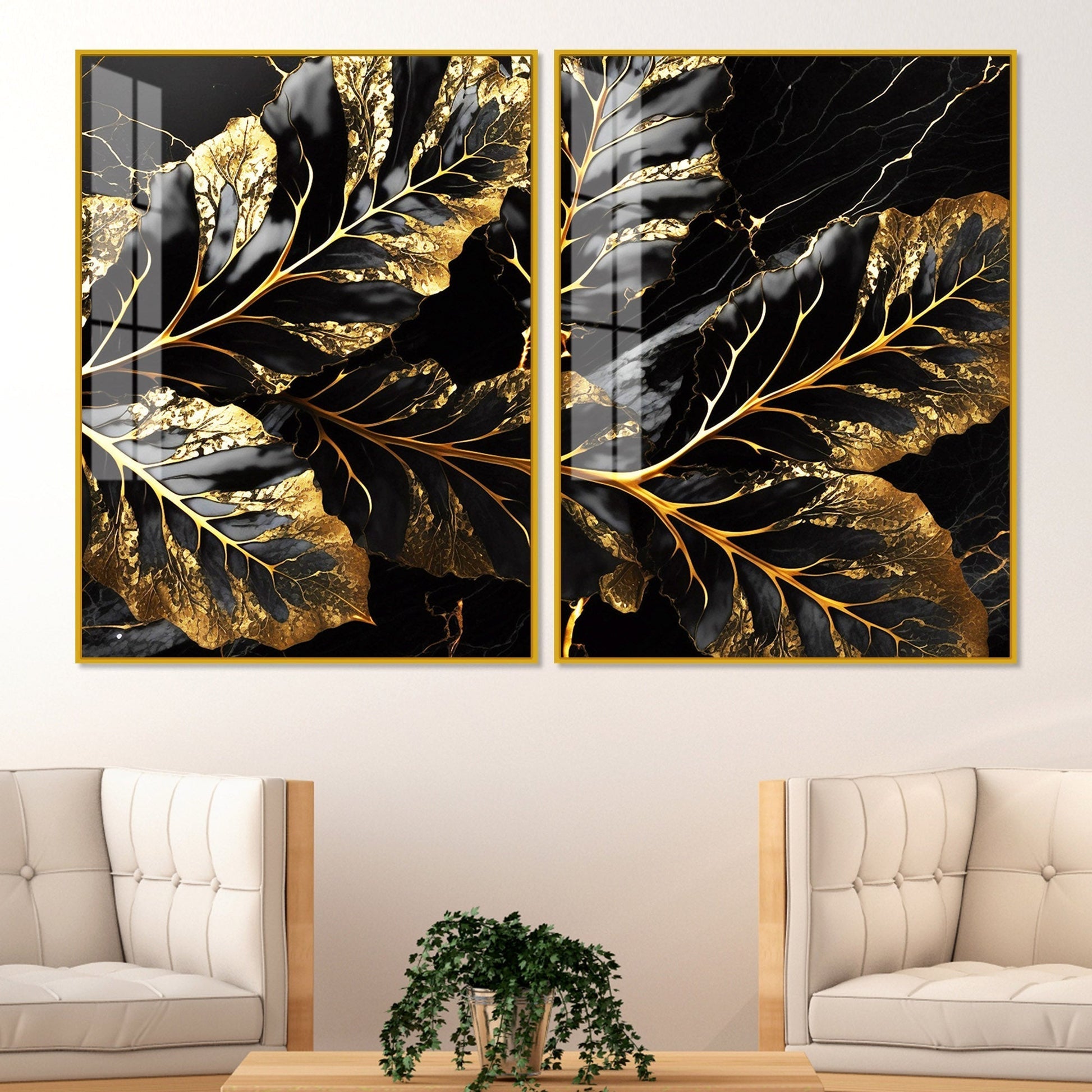 Beautiful Leaf Golden Textural Art Acrylic Floating Wall Painting Set of 2